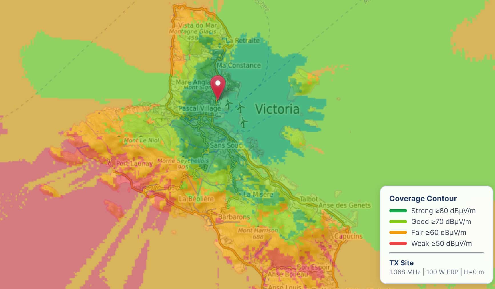 Detailed coverage map with contour lines and signal strength zones
